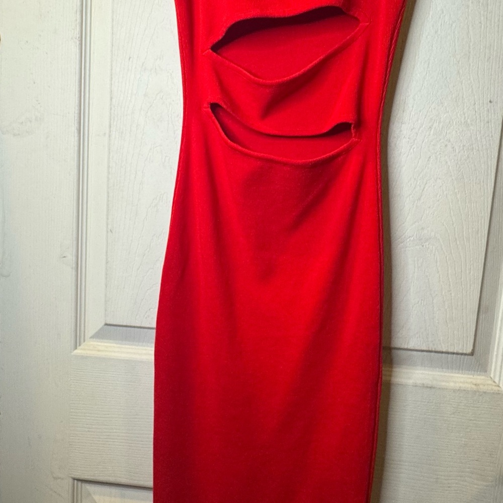 Hera Collection Red Midi Bodycon Dress - Sexy Front Cut-Outs - Size S - Picture 7 of 11